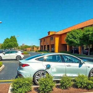 Estación de recarga de coche eléctrico en el parking de un hotel